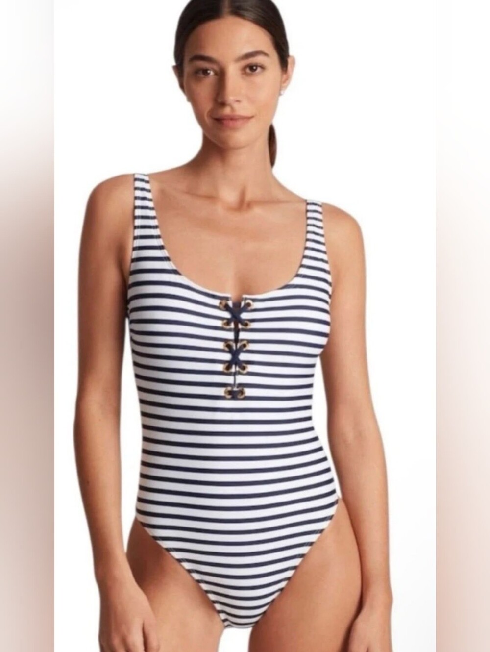 Lauren Ralph Lauren Navy and White Striped Lace-Up One-Piece Swimsuit